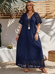 Rosumi Plus Size Women's Summer Casual Vacation Solid White Lace Dress - Navy Blue - View 12