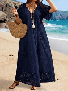 Rosumi Plus Size Women's Summer Casual Vacation Solid White Lace Dress - Navy Blue - View 14