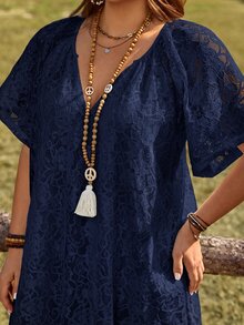 Rosumi Plus Size Women's Summer Casual Vacation Solid White Lace Dress - Navy Blue - View 15