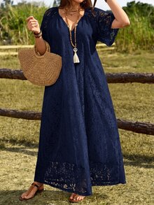 Rosumi Plus Size Women's Summer Casual Vacation Solid White Lace Dress - Navy Blue - View 4