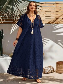 Rosumi Plus Size Women's Summer Casual Vacation Solid White Lace Dress - Navy Blue - View 10