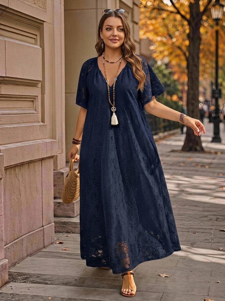 Rosumi Plus Size Women's Summer Casual Vacation Solid White Lace Dress - Navy Blue - View 1