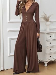 SHEIN Clasi Jumpsuit Wanita Kasual untuk Perjalanan Sehari-hari, Warna Polos - Coklat - View 9
