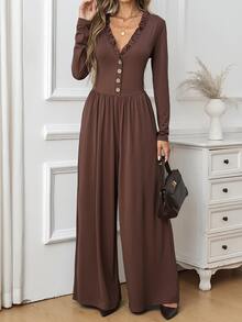 SHEIN Clasi Jumpsuit Wanita Kasual untuk Perjalanan Sehari-hari, Warna Polos - Coklat - View 7