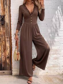 SHEIN Clasi Jumpsuit Wanita Kasual untuk Perjalanan Sehari-hari, Warna Polos - Coklat - View 2