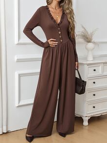 SHEIN Clasi Jumpsuit Wanita Kasual untuk Perjalanan Sehari-hari, Warna Polos - Coklat - View 4