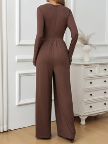 SHEIN Clasi Jumpsuit Wanita Kasual untuk Perjalanan Sehari-hari, Warna Polos - Coklat - View 3