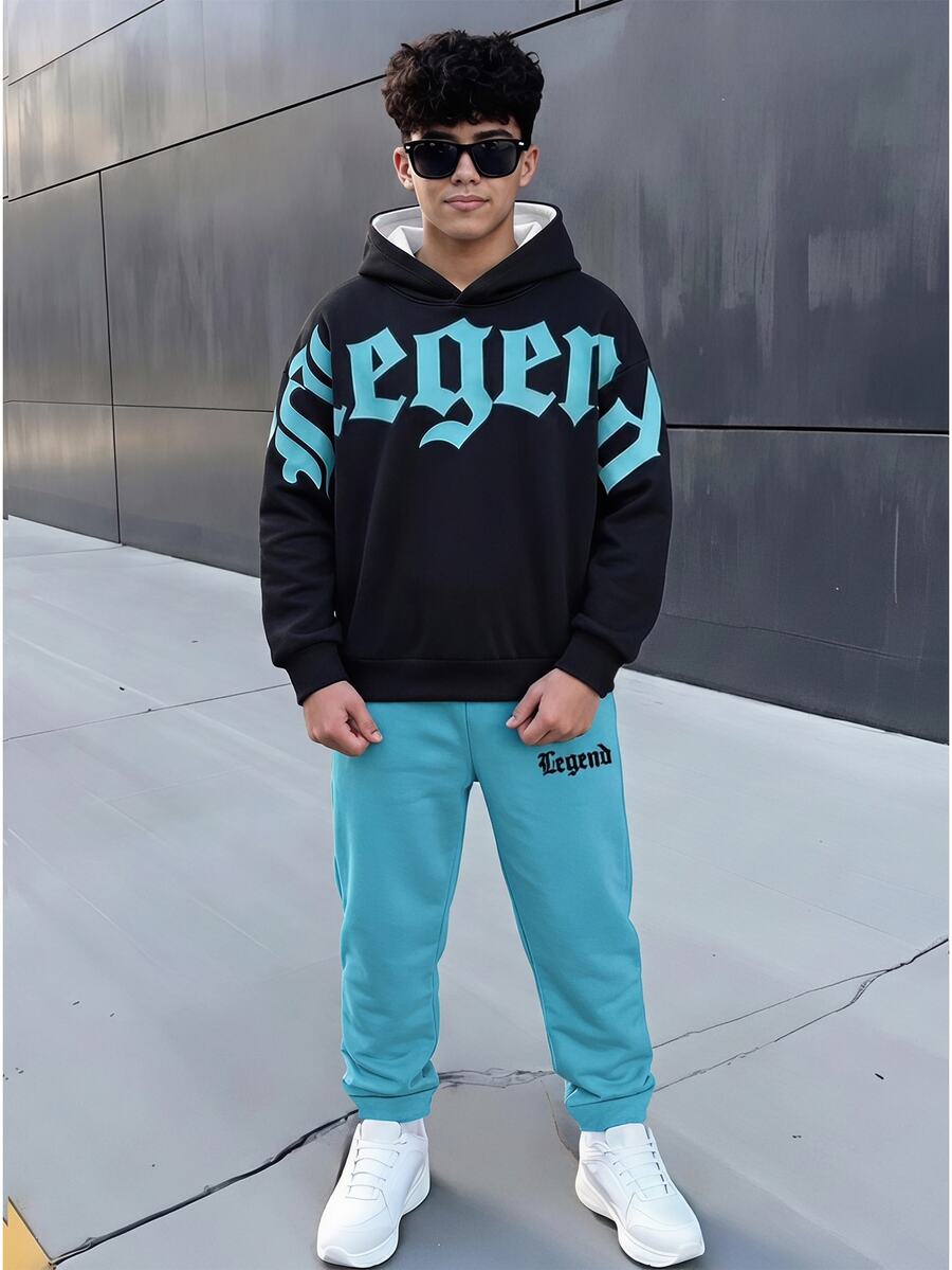 青少年男孩休閒極簡長袖連帽舒適衛衣2件套，適合秋冬，卡通圖案 - 彩色 - 查看 1