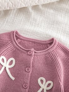 SHEIN 女嬰針織蝴蝶結圓領休閒毛衣與長秋褲 2 件套，磨毛加厚面料，適合冬季 - 藕粉色 - 查看 4