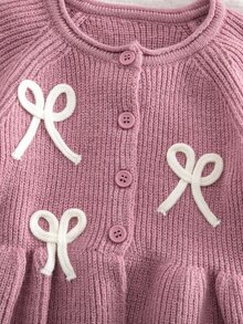 SHEIN 女嬰針織蝴蝶結圓領休閒毛衣與長秋褲 2 件套，磨毛加厚面料，適合冬季 - 藕粉色 - 查看 5