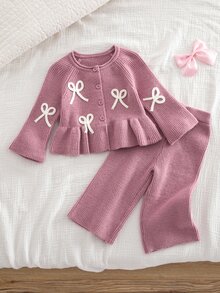 SHEIN 女嬰針織蝴蝶結圓領休閒毛衣與長秋褲 2 件套，磨毛加厚面料，適合冬季 - 藕粉色 - 查看 3