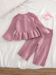 SHEIN 女嬰針織蝴蝶結圓領休閒毛衣與長秋褲 2 件套，磨毛加厚面料，適合冬季 - 藕粉色 - 查看 2