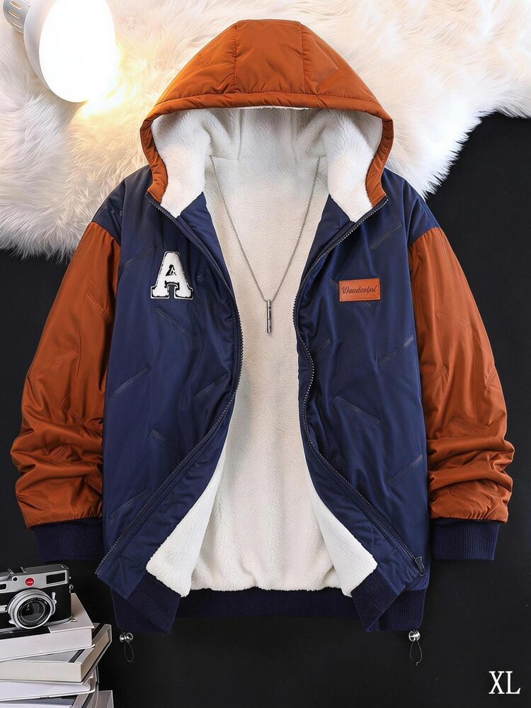 SHEIN Kids Tween Boy Casual College Patchwork Contrast Color Hooded Open Front Thick Woven Winter Coat, Parka Coat, Padded Coat, Suitable For School, Garden, Autumn/Winter - Royal Blue - View 4