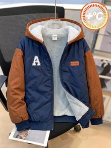 SHEIN 兒童青少年男孩休閒學院風拼接撞色連帽開襟厚實編織冬季外套，派克大衣，填充棉外套，適合學校、花園，秋冬穿著 - 寶藍色 - 查看 1