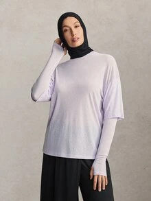 Activina Women's Modest Solid Lightweight And Breathable Color Casual Versatile Daily Travel 2 In 1 Sleeves Loose Fit And High Coverage Sports T-Shirt - Mauve Purple - View 4