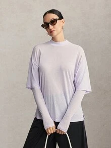 Activina Women's Modest Solid Lightweight And Breathable Color Casual Versatile Daily Travel 2 In 1 Sleeves Loose Fit And High Coverage Sports T-Shirt - Mauve Purple - View 8