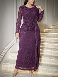 Reflora Plus Size Elegant Solid Color Lace Party Dress - Purple - View 4