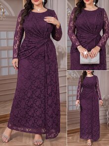 Reflora Plus Size Elegant Solid Color Lace Party Dress - Purple - View 9