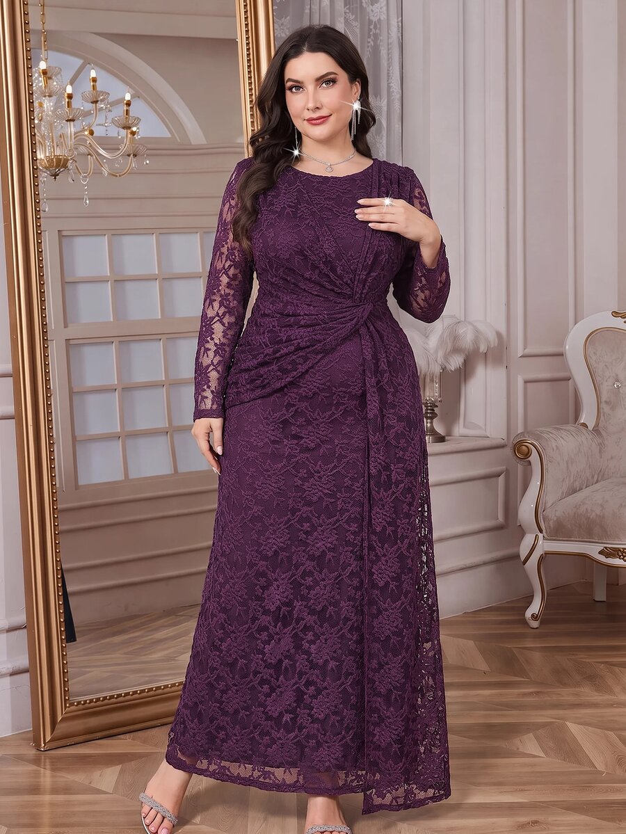 Reflora Plus Size Elegant Solid Color Lace Party Dress
