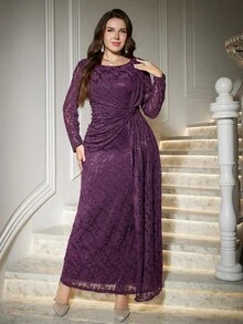 Reflora Plus Size Elegant Solid Color Lace Party Dress - Purple - View 5