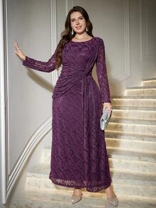 Reflora Plus Size Elegant Solid Color Lace Party Dress - Purple - View 6