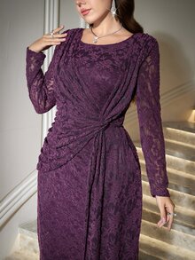 Reflora Plus Size Elegant Solid Color Lace Party Dress - Purple - View 7