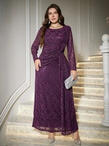 Reflora Plus Size Elegant Solid Color Lace Party Dress - Purple - View 8