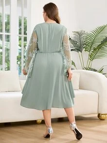 Reflora Plus Size Women Textured Metallic Rhinestone Buckle Ruched Lace Patchwork Dress Fall - Green - View 3