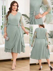 Reflora Plus Size Women Textured Metallic Rhinestone Buckle Ruched Lace Patchwork Dress Fall - Green - View 8