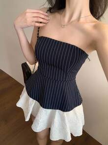 DAZY Striped Fitted Cropped Camisole Top For Women Summer Tube Tops - Navy Blue - View 3