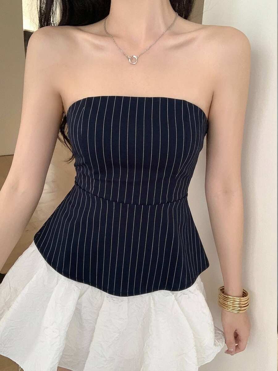 DAZY Striped Fitted Cropped Camisole Top For Women Summer Tube Tops - Navy Blue - View 1