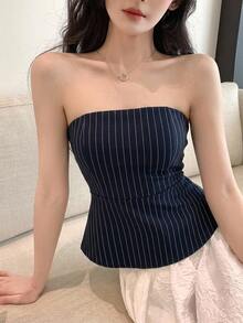 DAZY Striped Fitted Cropped Camisole Top For Women Summer Tube Tops - Navy Blue - View 4
