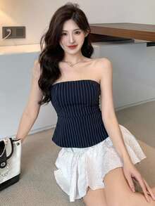 DAZY Striped Fitted Cropped Camisole Top For Women Summer Tube Tops - Navy Blue - View 5
