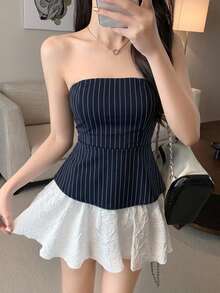 DAZY Striped Fitted Cropped Camisole Top For Women Summer Tube Tops - Navy Blue - View 2