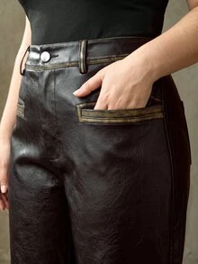 Anewsta Women's Black Leather Pants, Autumn/Winter, Maillard Style, Fashionable Vintage Commute Versatile Washed Distressed Long Pants - Black - View 2