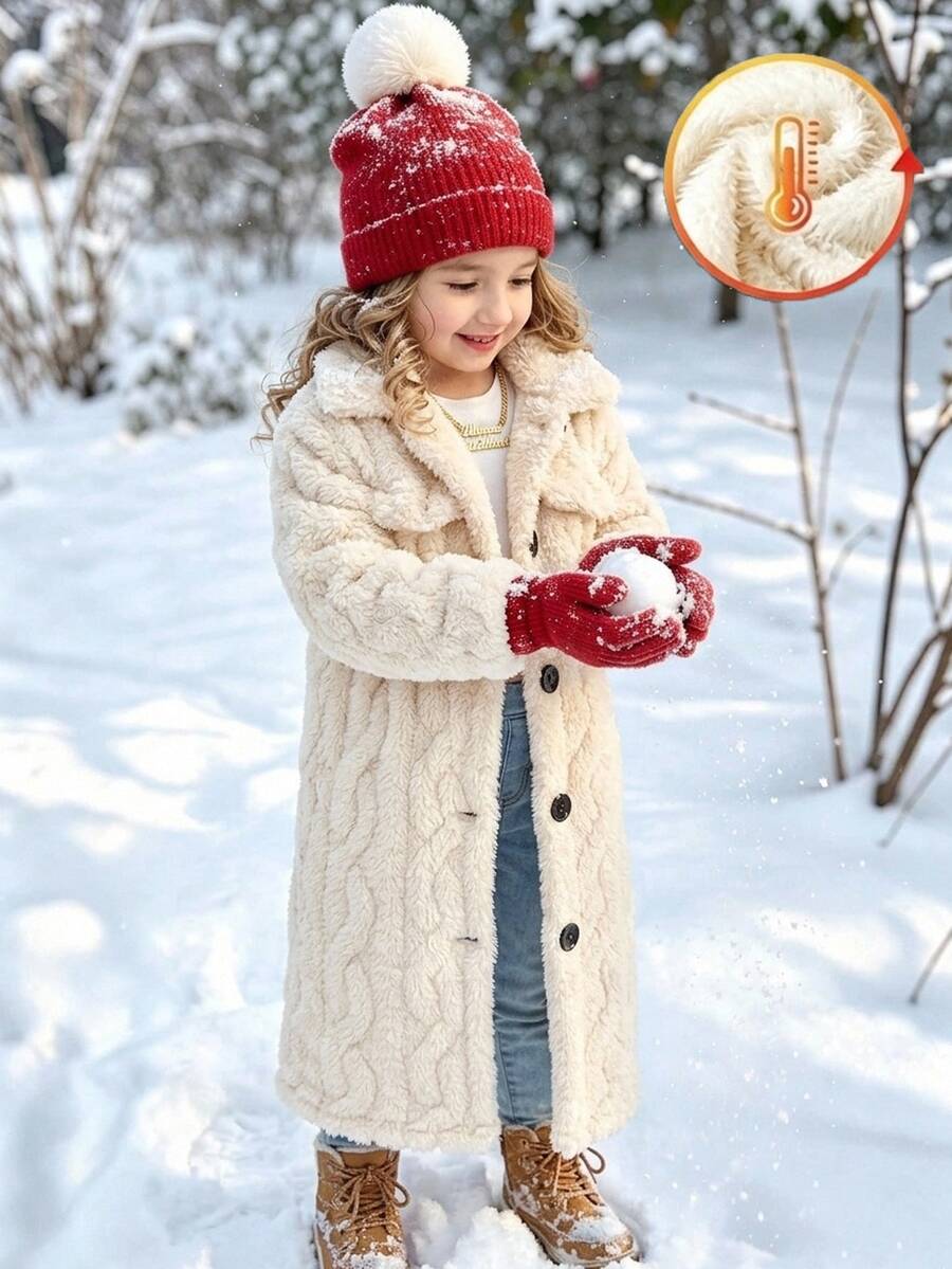 SHEIN Kids Young Girl Knit Solid Color Faux Fur Double Pocket Lapel Casual Jacket - Multicolor - View 1