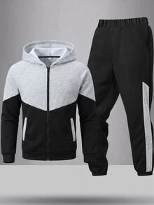 SHEIN 2件組兒童青少年男孩休閒運動日常百搭舒適拼色拼接插肩袖連帽寬鬆套頭長袖運動衫外套與鬆緊束口寬鬆運動長褲針織套裝，適合日常穿著、上學、旅行、運動，秋冬款 - 灰色 - 查看 5