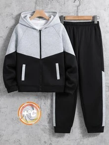 SHEIN 2件組兒童青少年男孩休閒運動日常百搭舒適拼色拼接插肩袖連帽寬鬆套頭長袖運動衫外套與鬆緊束口寬鬆運動長褲針織套裝，適合日常穿著、上學、旅行、運動，秋冬款 - 灰色 - 查看 2
