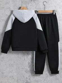 SHEIN 2件組兒童青少年男孩休閒運動日常百搭舒適拼色拼接插肩袖連帽寬鬆套頭長袖運動衫外套與鬆緊束口寬鬆運動長褲針織套裝，適合日常穿著、上學、旅行、運動，秋冬款 - 灰色 - 查看 3