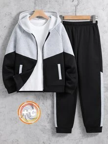 SHEIN 2件組兒童青少年男孩休閒運動日常百搭舒適拼色拼接插肩袖連帽寬鬆套頭長袖運動衫外套與鬆緊束口寬鬆運動長褲針織套裝，適合日常穿著、上學、旅行、運動，秋冬款 - 灰色 - 查看 4
