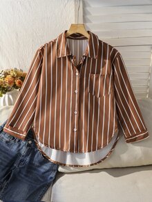 SHEIN 女童時尚休閒寬鬆慵懶中長版襯衫 - 棕色 - 查看 3