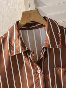 SHEIN 女童時尚休閒寬鬆慵懶中長版襯衫 - 棕色 - 查看 5