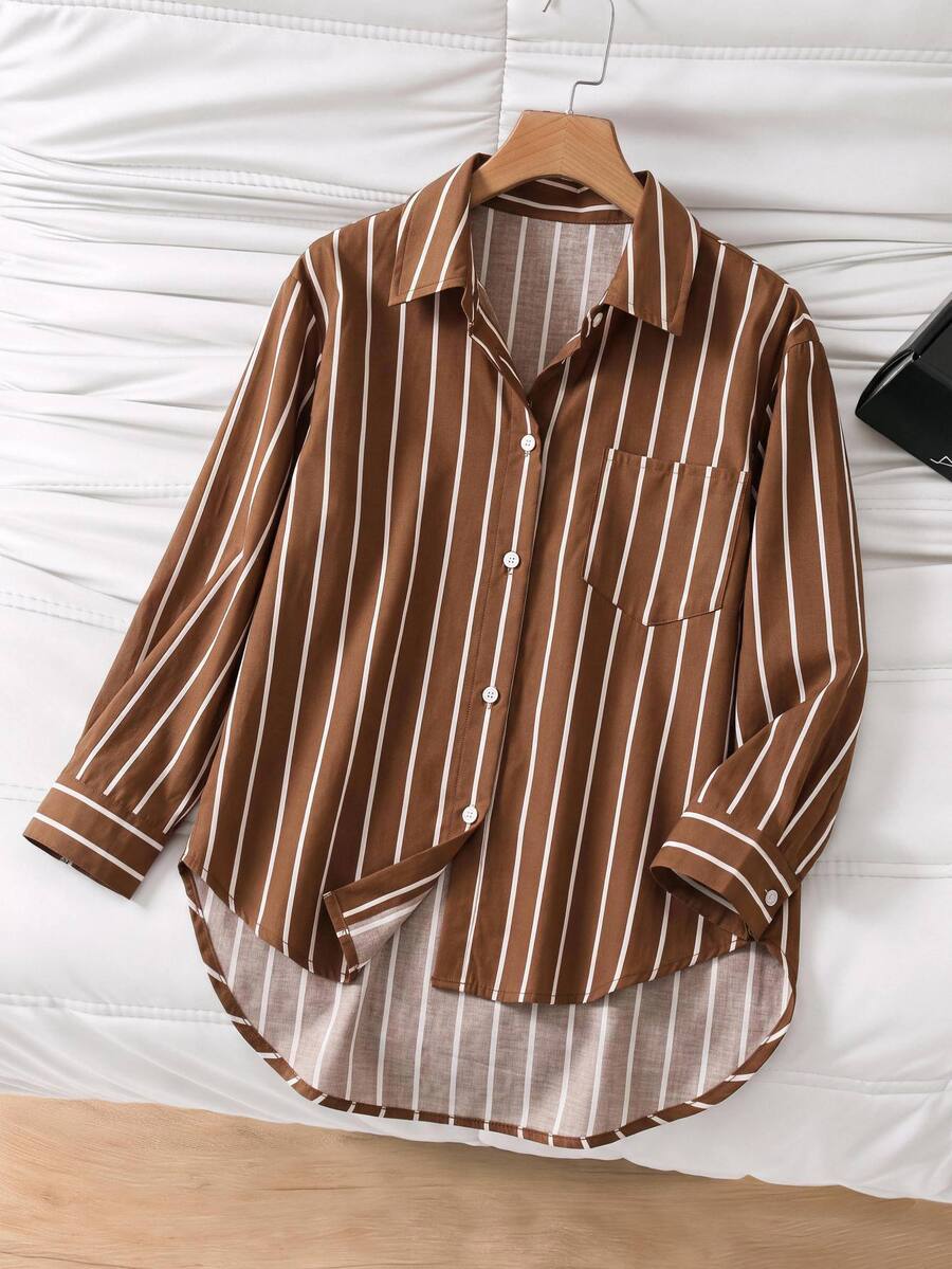 SHEIN 女童時尚休閒寬鬆中長版襯衫，秋季上衣，秋季假期穿搭，舒適日常款 - 棕色 - 查看 1