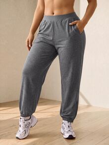 SHEIN Rhythm Era Plus Solid Elastic Waist Sports Pants - Dark Grey - View 7