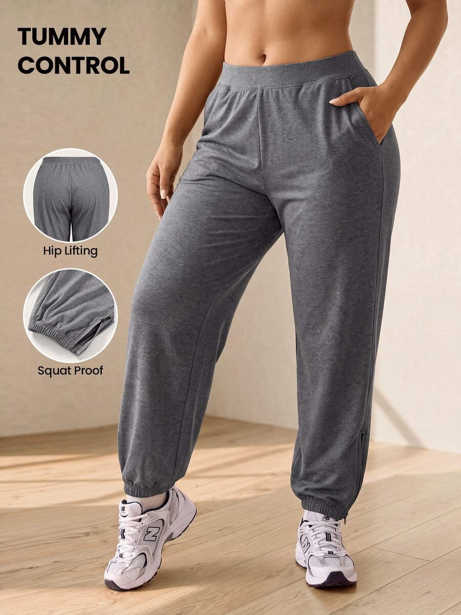 SHEIN Rhythm Era Plus Solid Elastic Waist Sports Pants - Dark Grey - View 1