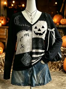Breezaya 女款萬聖節黑色復古圓領T恤，Y2K風格秋季休閒長袖上衣 - 彩色 - 查看 5
