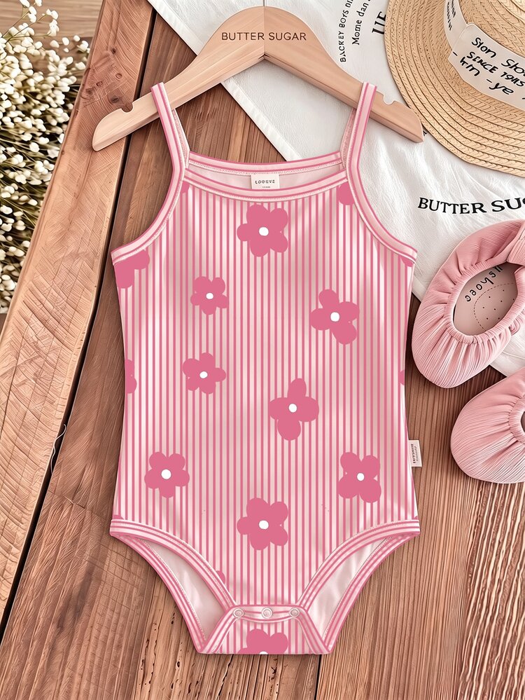 Baby Girl All-Over Print Casual Daily Spaghetti Strap Romper - White - View 6