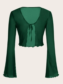 SHEIN ICON 女士绿色网纱前系带喇叭袖上衣 - 墨綠色 - 查看 2