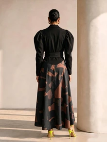 Xyvia 女款優雅通勤洋裝，附缺口領、泡泡袖與腰部繫帶 - 彩色 - 查看 3