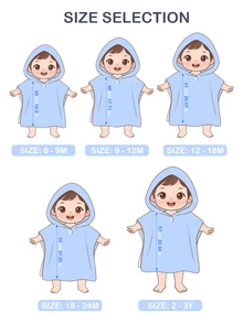 SHEIN 男嬰藍白條紋卡通鯊魚印花泳裝罩衫 幼兒多尺寸 V 領連帽披肩式海灘度假夏季穿著 - 彩色 - 查看 8
